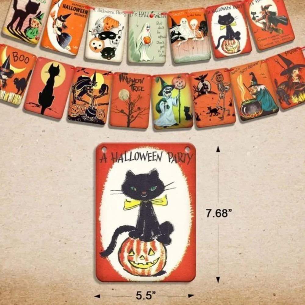 Halloween Pumpkin Flag Victorian Style Cats Witch Ghost Party Garland Decoration